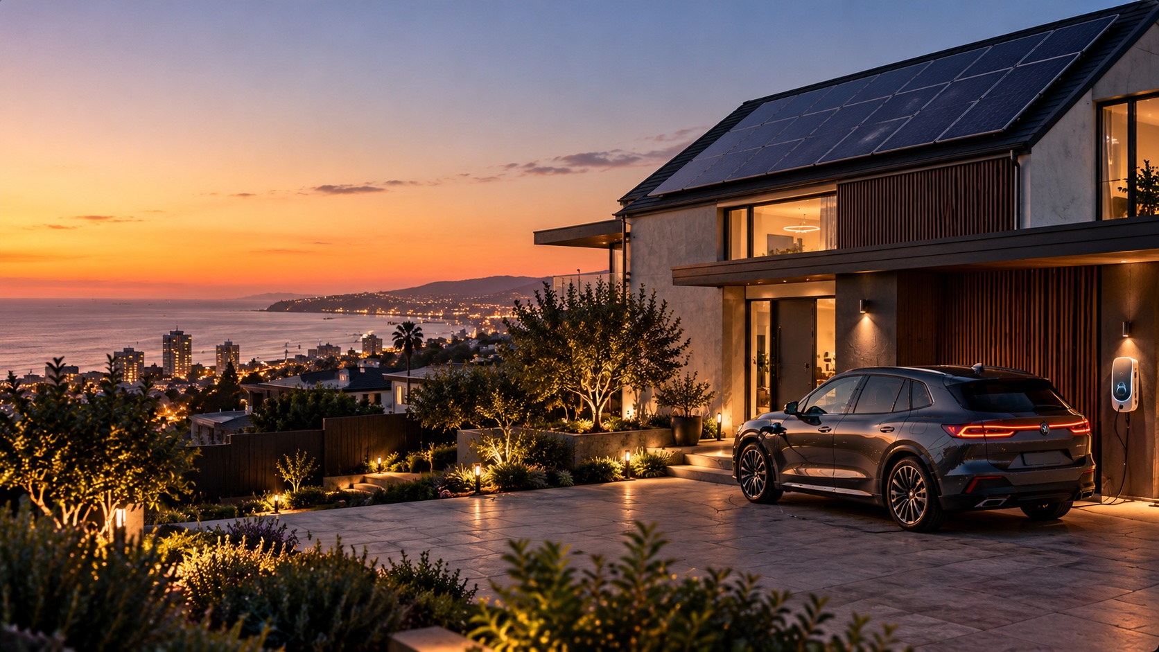 Solar panels on a coastal home at sunset, with an electric vehicle and home charger in the driveway